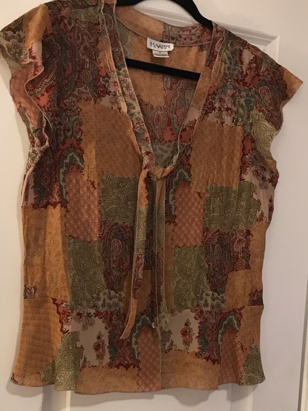 Allison Taylor Patchwork Paisley Tie-Neck Blouse - Mustard, Olive, Rust